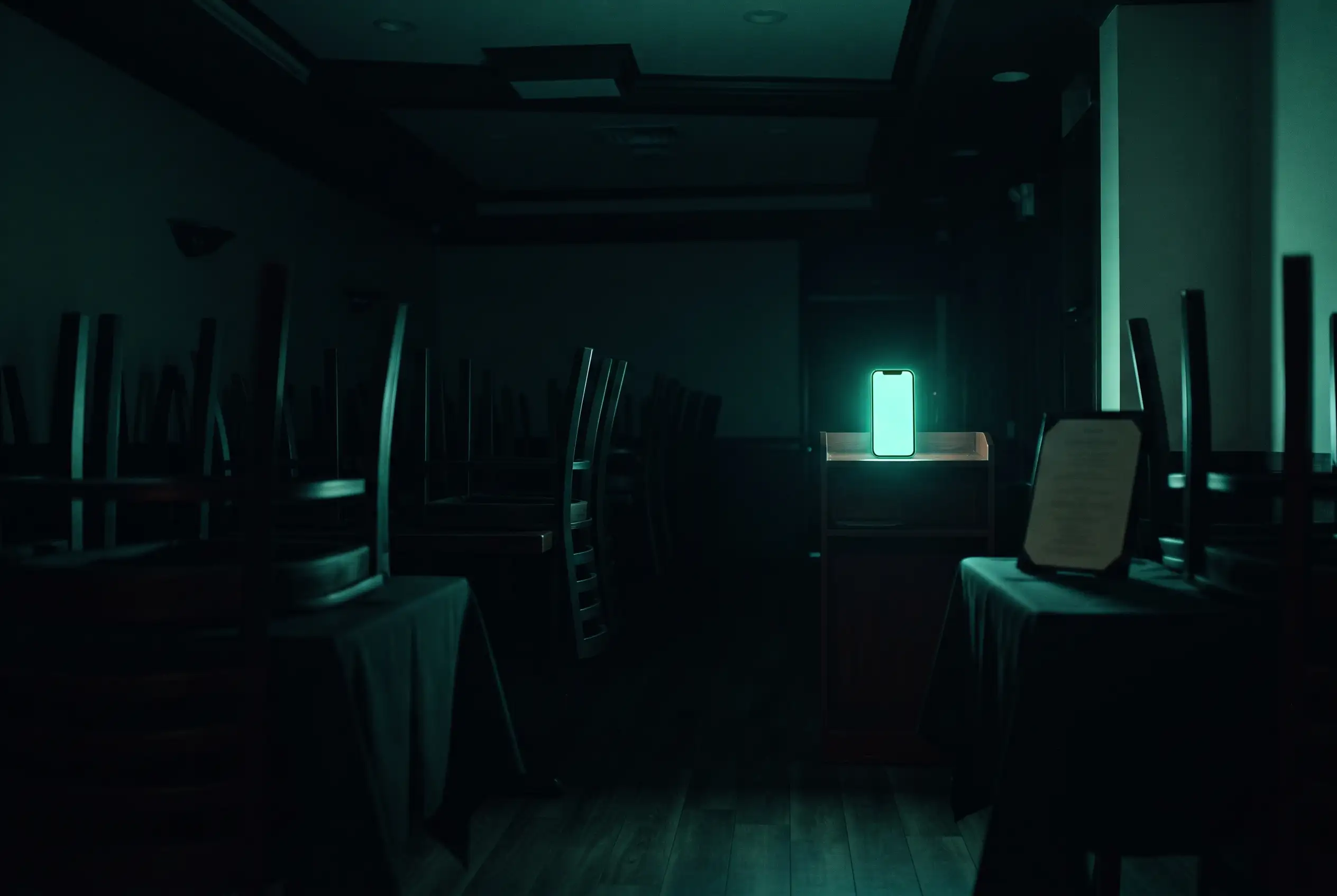 A restaurant after close, chairs up on the tables, a phone glowing at the host stand.